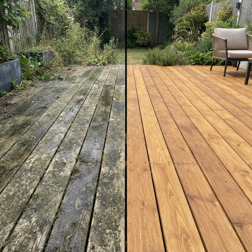 Split image of garden decking: the left side is slippery and green with algae, the right side is clean golden timber