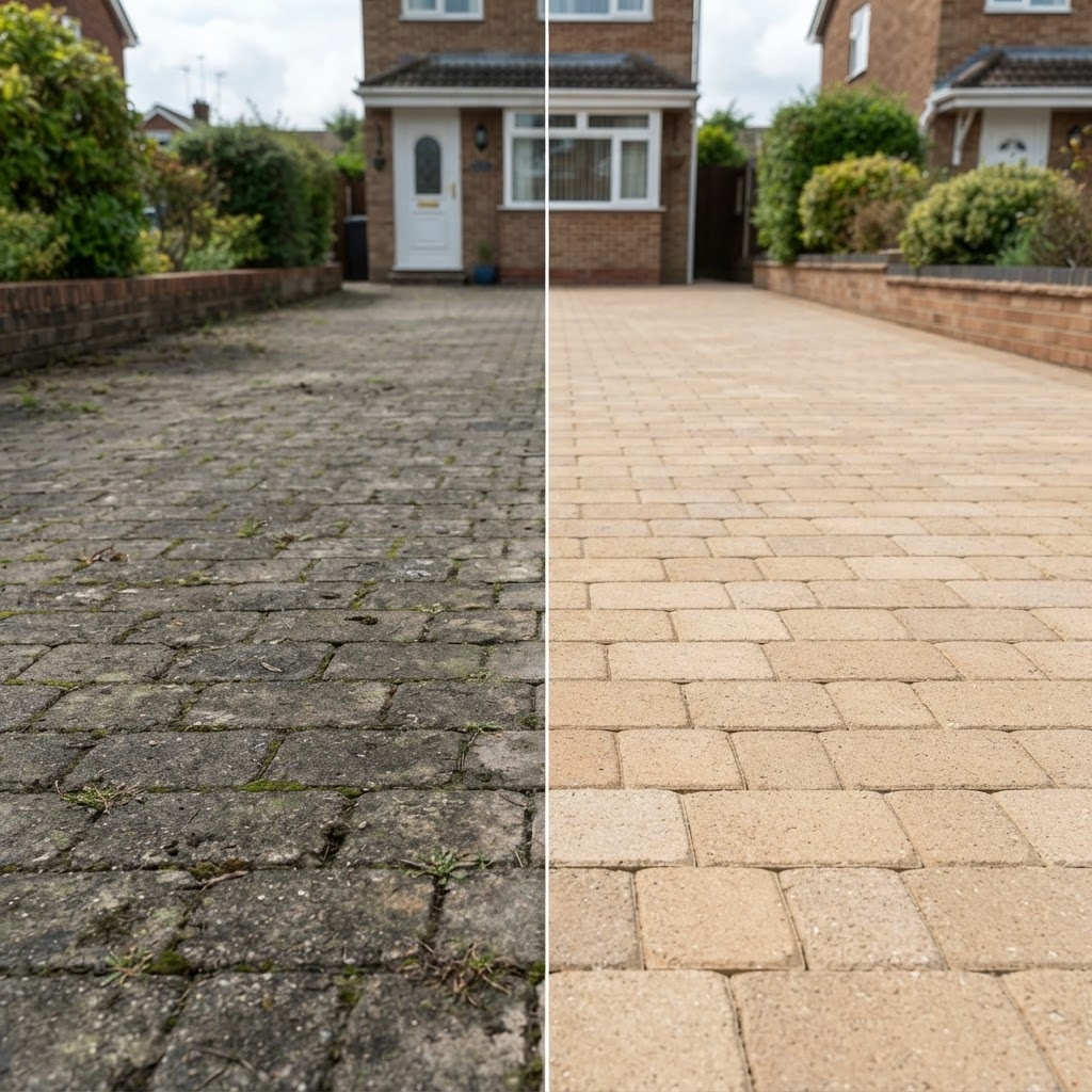 Split image of a block paved driveway: the left side is stained with green algae, the right side has been jet washed clean