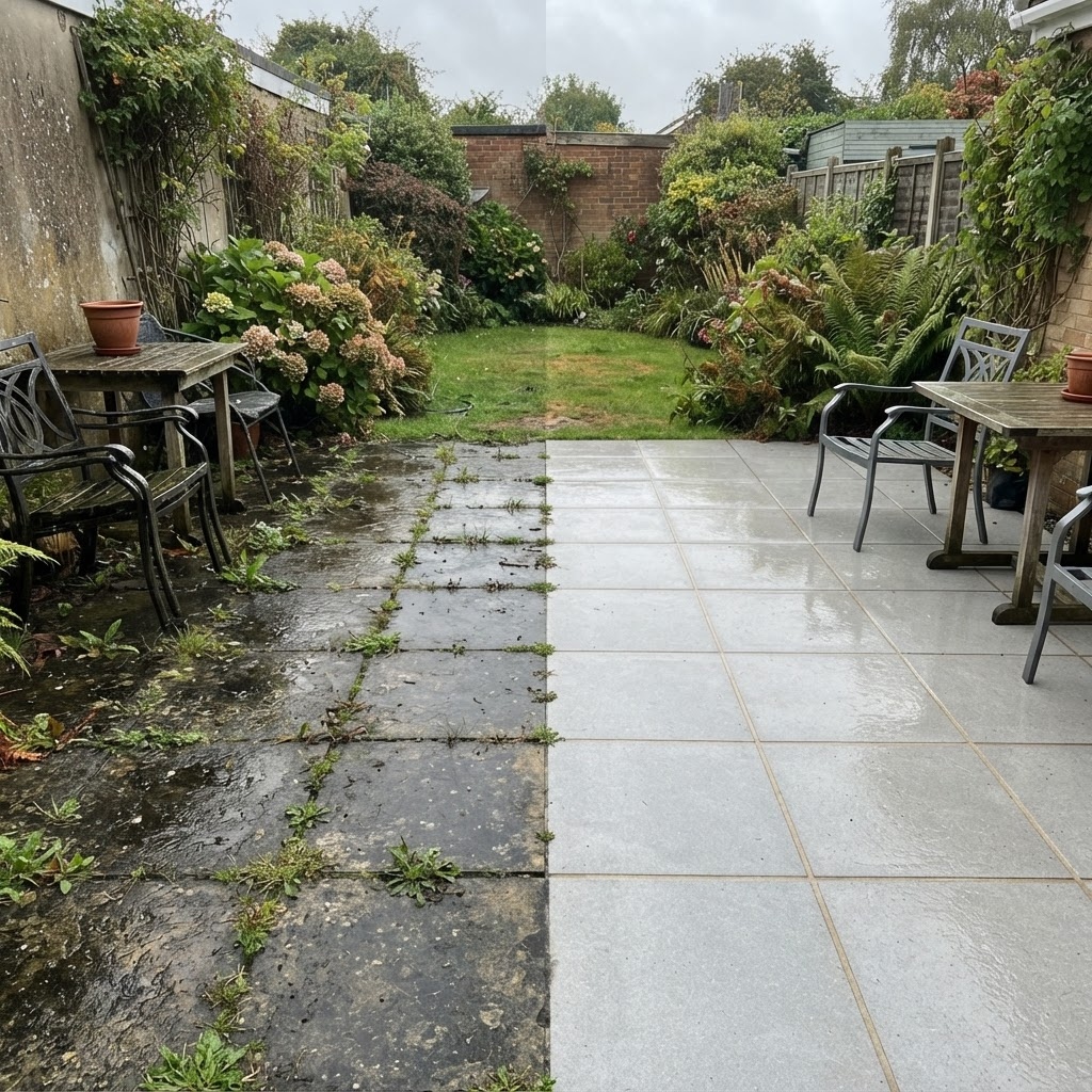 Split image of a slabbed garden patio: the left side is black and grimy with weeds, the right side is clean light grey stone
