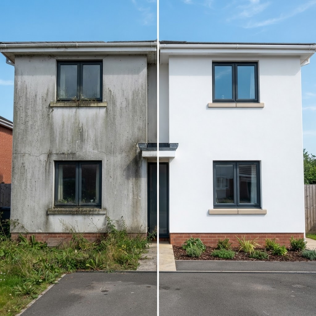 Split image of a house render wall: the left side is streaked and grey, the right side is bright clean white render